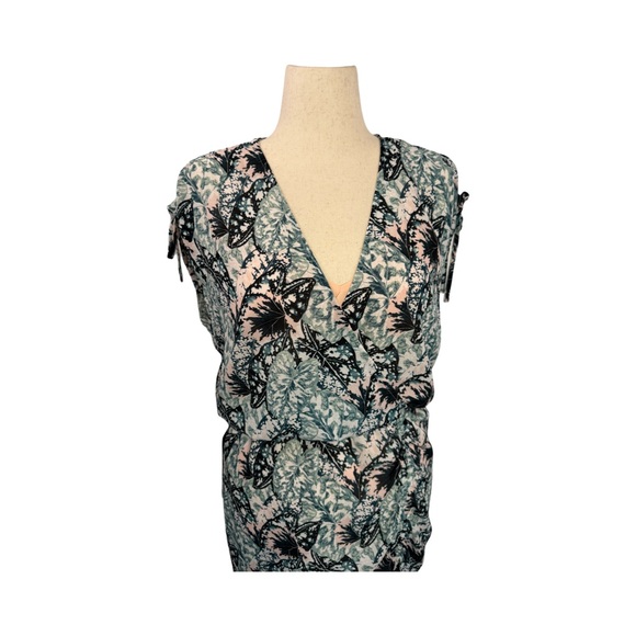 Bebe Shirred Print Dress With Ties. Size Large.  Leaf Print Navy Teal And Cream - Picture 2 of 12